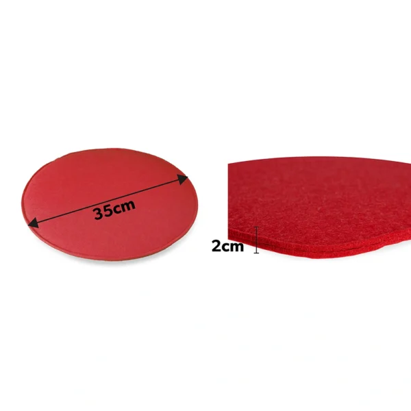 Okrągły, płaski czerwony obiekt o średnicy 35 cm i grubości 2 cm jest pokazany z wymiarami oznaczonymi czarnymi strzałkami i tekstem. Lewy obraz przedstawia widok z góry; prawy obraz przedstawia widok z boku.