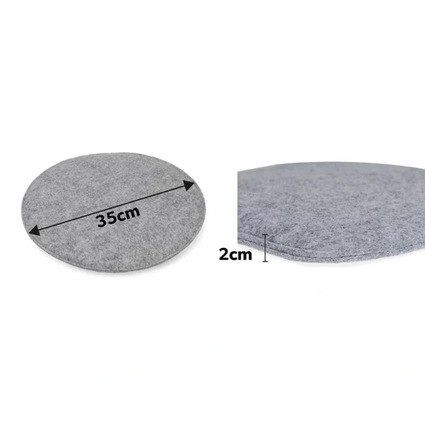 Okrągła podkładka z szarego filcu o średnicy 35 cm i grubości 2 cm, pokazana z góry i z boku z etykietami pomiarowymi.