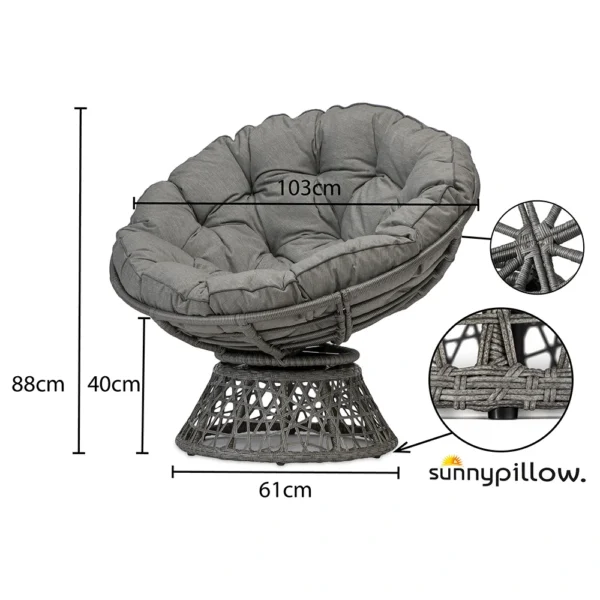 Szary fotel papasan z okrągłą poduszką, wsparty na plecionej rattanowej podstawie. Wymiary na zdjęciu: 103 cm szerokości, 88 cm wysokości, 61 cm średnicy podstawy i 40 cm wysokości siedziska. Zbliżenia pokazują wiklinowe detale. Widoczne logo Sunnypillow.