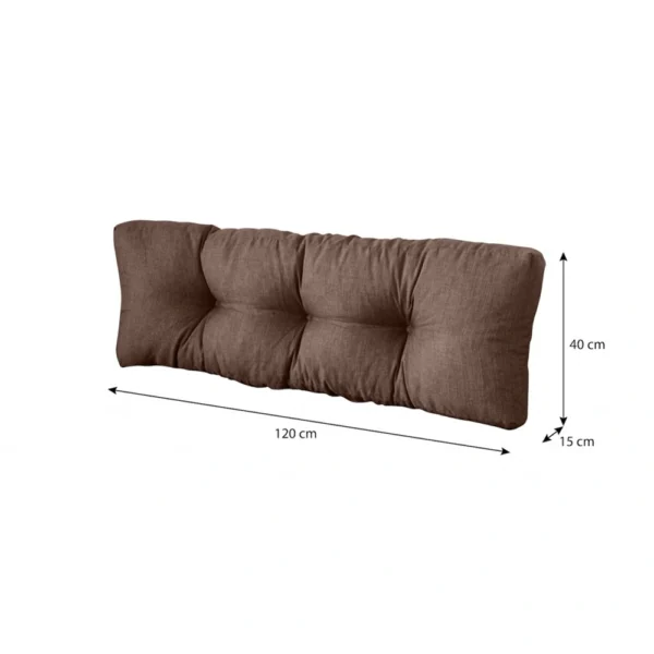 Brązowa prostokątna poduszka z trzema tuftowanymi sekcjami na białym tle. Podane wymiary: 120 cm szerokości, 40 cm wysokości i 15 cm grubości.