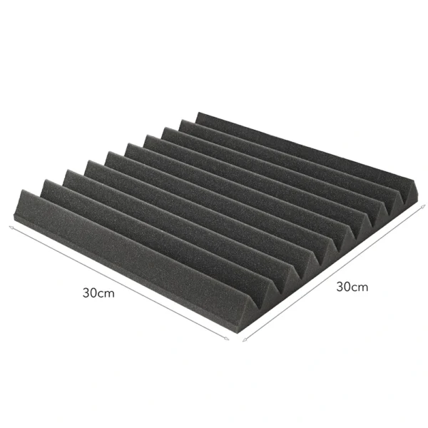 Kwadratowy panel z czarnej pianki akustycznej z równomiernie rozmieszczonymi wypustkami, o wymiarach 30 cm na 30 cm, przedstawiony na białym tle z liniami wymiarowymi.