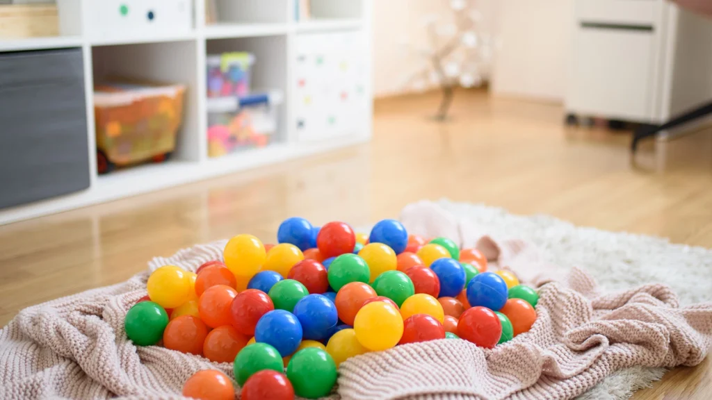 Kolorowe plastikowe piłeczki rozrzucone na różowym kocu w jasnym pokoju dziecięcym z drewnianą podłogą i białym regałem w tle.