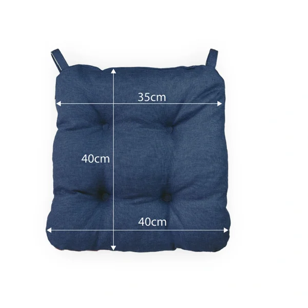 Kwadratowa niebieska poduszka z guzikami i dwiema pętelkami w rogach, pokazana od góry z białymi strzałkami i wymiarami wskazującymi 35 cm szerokości i 40 cm wysokości.