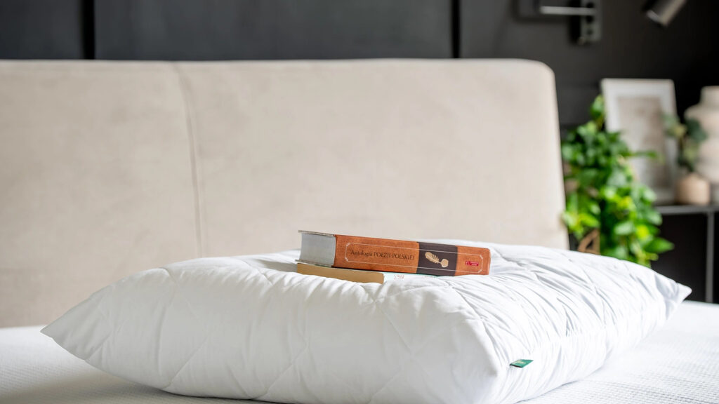 Książka i para okularów spoczywają na białej poduszce umieszczonej na schludnie pościelonym łóżku, z beżowym wezgłowiem i zieloną rośliną w rozmytym tle.