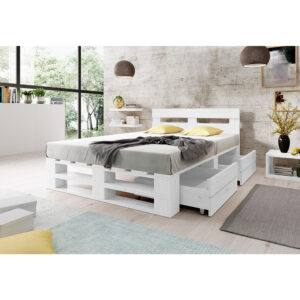 Łóżko z palet z zagłówkiem M2 BIAŁE z szufladami