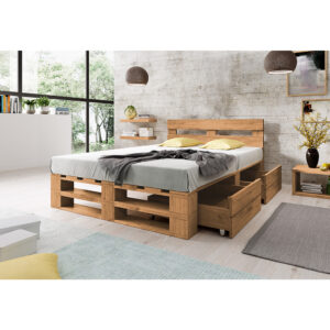 Łóżko z palet z zagłówkiem M2 DĄB z szufladami